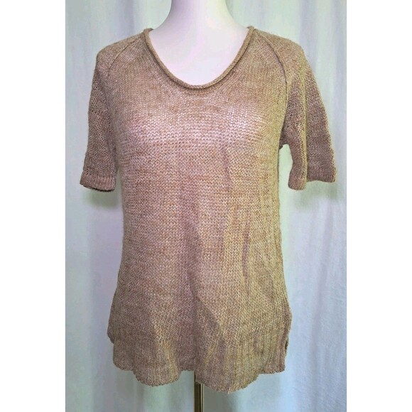 J. Crew Linen Blend Looser Knit Short Sleeve V-Neck Sweater Brown Size S NWT - Picture 1 of 10